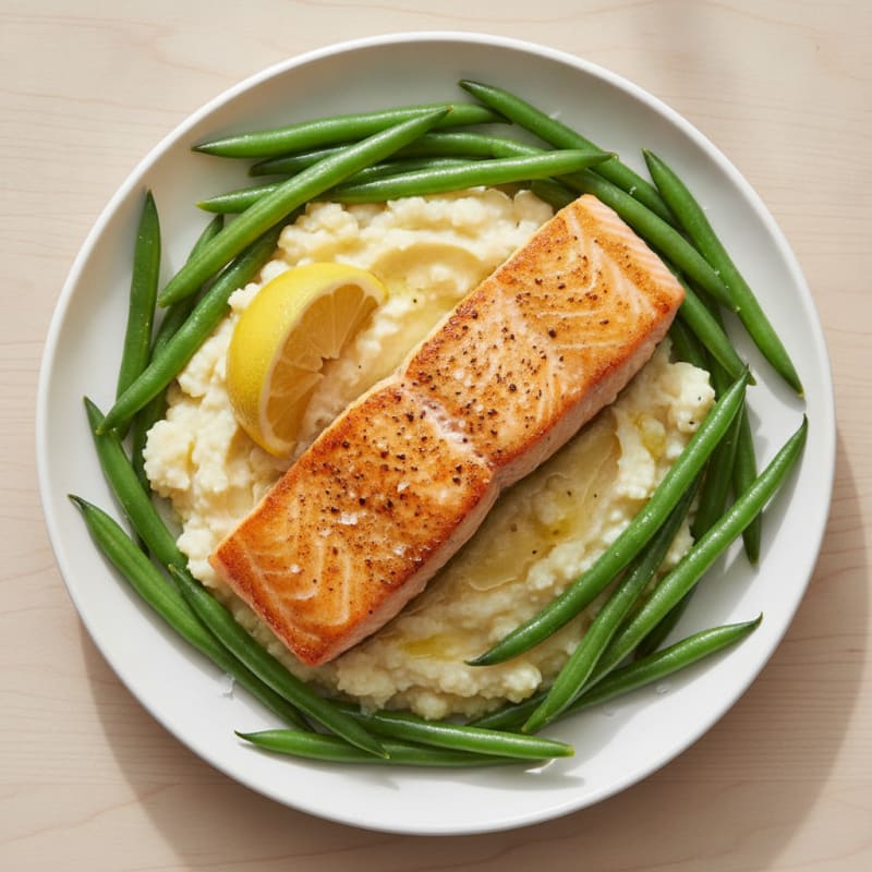Seared Salmon with Steamed Green Beans and Cauliflower Mash