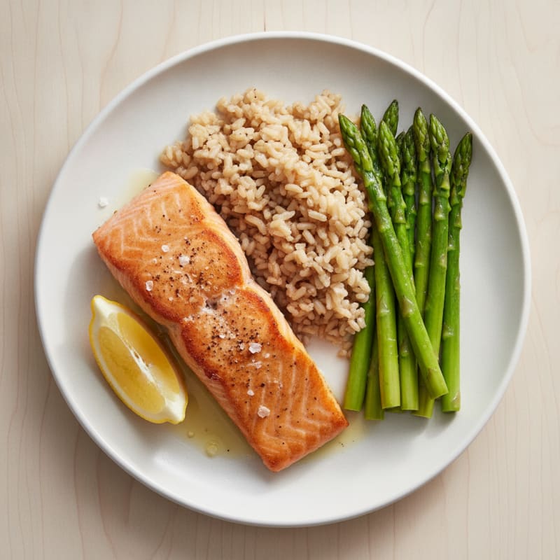Seared Salmon with Steamed Asparagus and Brown Rice