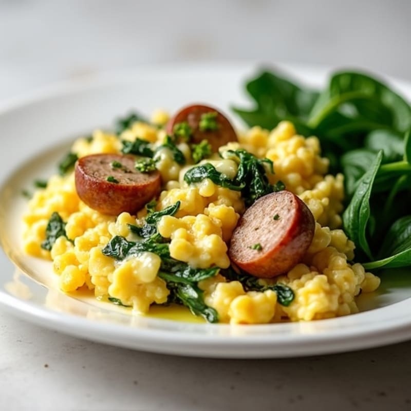 Egg White and Turkey Sausage Scramble with Sautéed Spinach