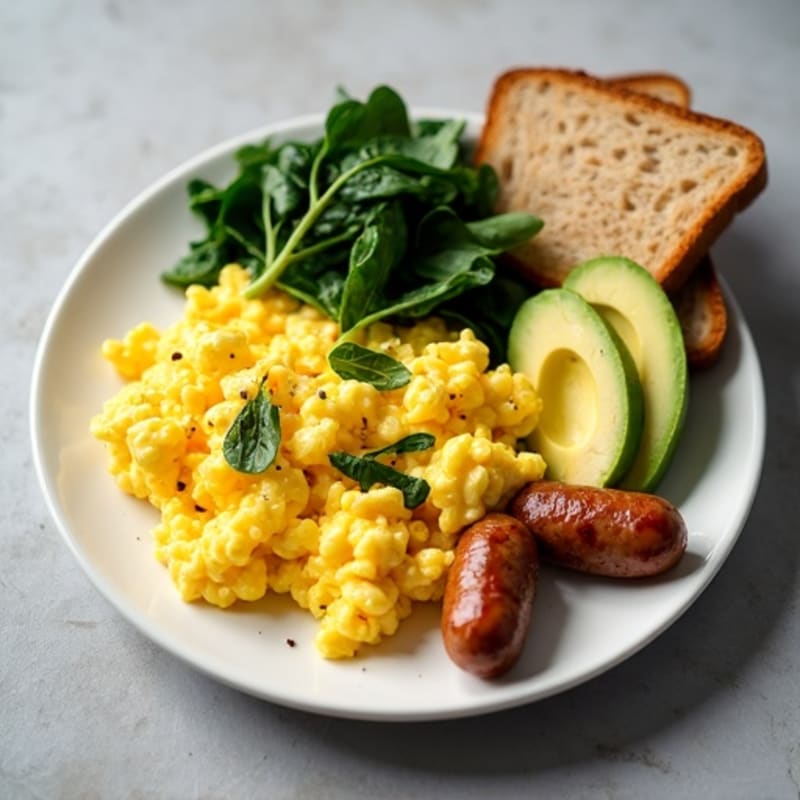 Scrambled Eggs with Sautéed Spinach and Turkey Sausage
