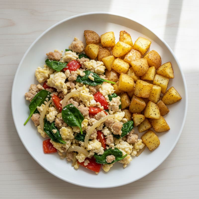 Egg White and Turkey Sausage Scramble with Crispy Potatoes