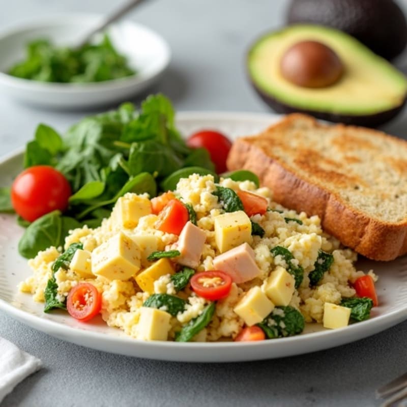 Egg White Veggie Scramble with Cottage Cheese and Sliced Turkey