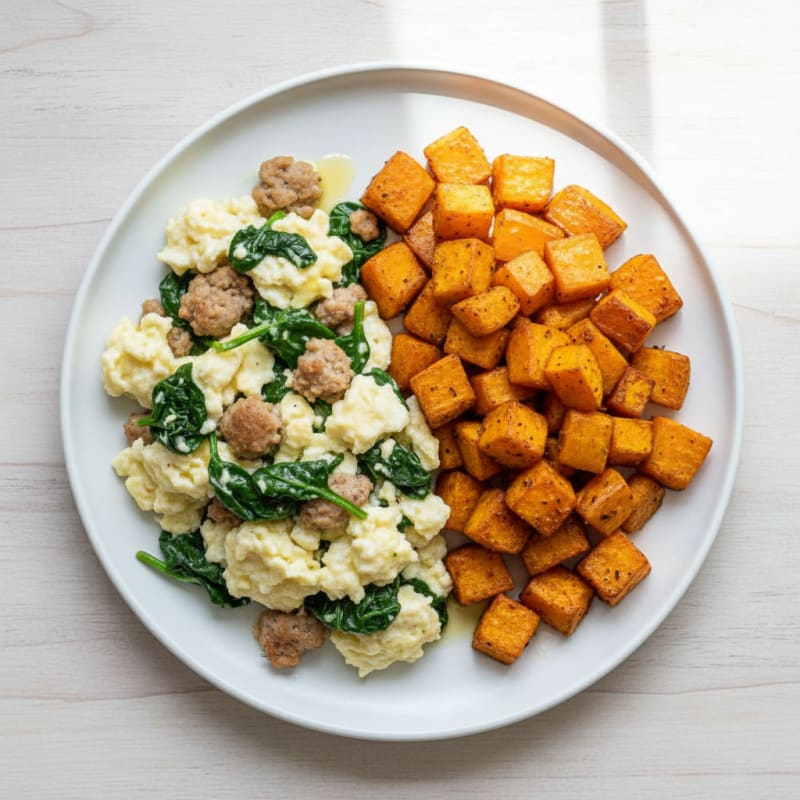 Egg White and Turkey Sausage Scramble with Sautéed Spinach and Roasted Sweet Potatoes