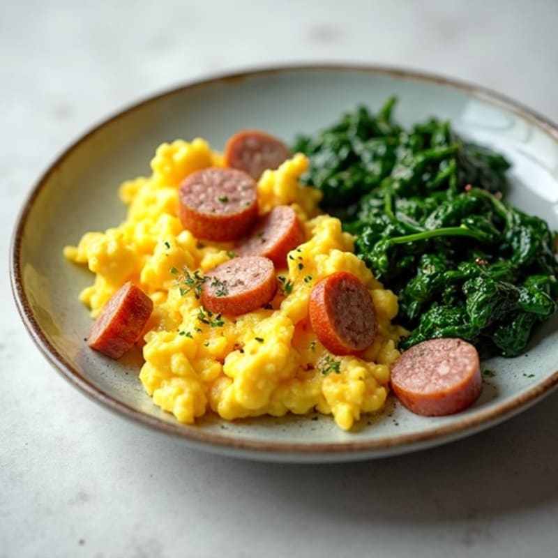 Egg White Scramble with Turkey Sausage and Sautéed Spinach