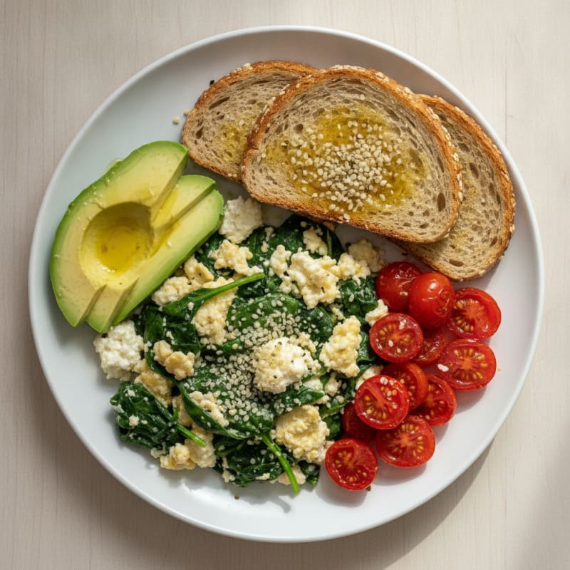 Egg White and Spinach Scramble with Cottage Cheese and Cherry Tomatoes