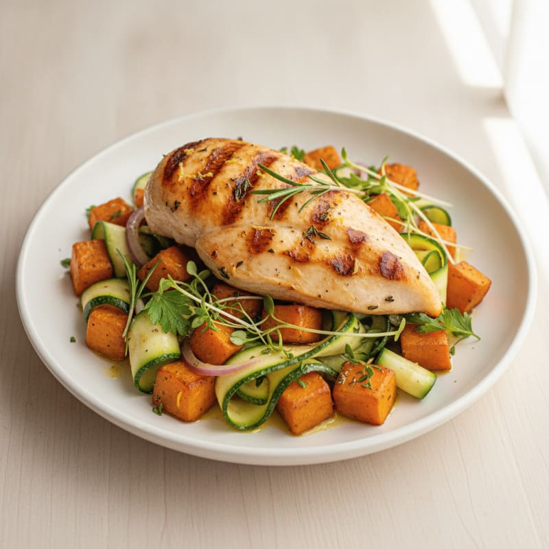 Grilled Chicken Breast with Roasted Sweet Potato and Zucchini Salad