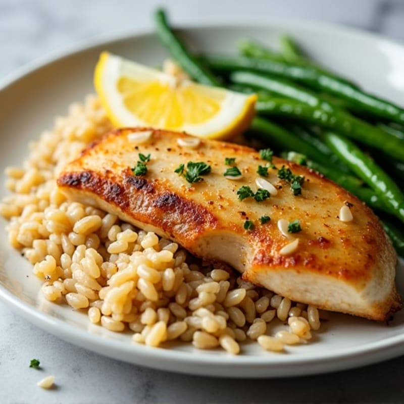 Lemon Garlic Roasted Chicken with Fluffy Brown Rice and Roasted Green Beans