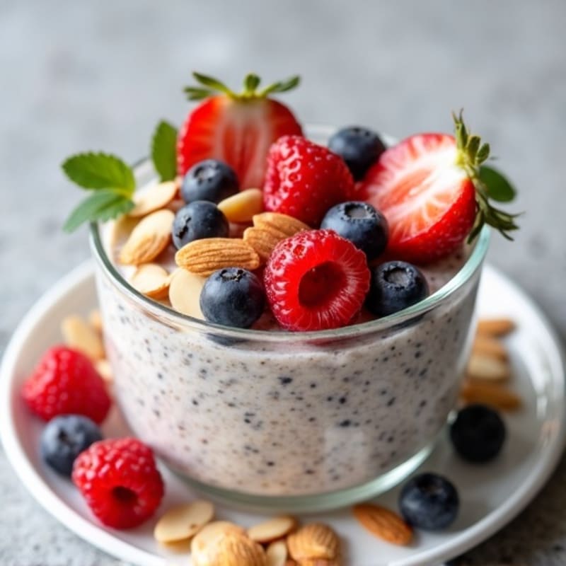 Creamy Vanilla Bean Protein Chia Pudding with Fresh Berries and Crunchy Toasted Almonds