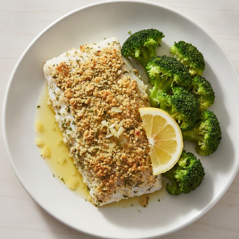 Baked Herb-Crusted White Fish with Steamed Broccoli