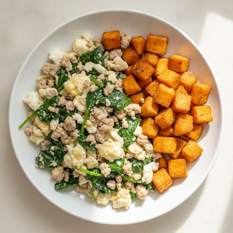 Egg White and Turkey Spinach Scramble with Roasted Sweet Potatoes