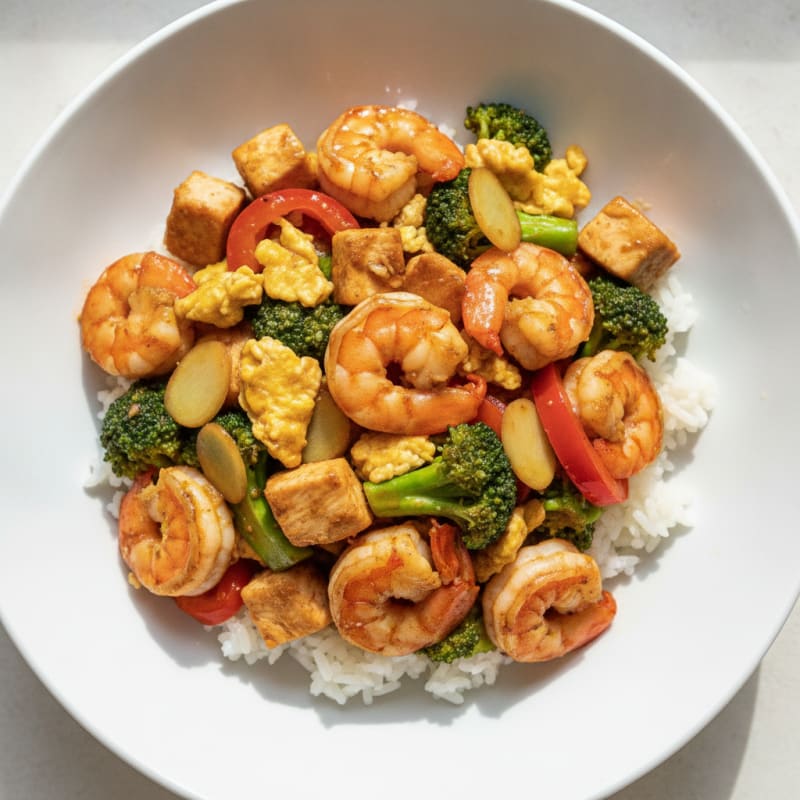 Shrimp and Veggie Stir-Fry with Steamed White Rice