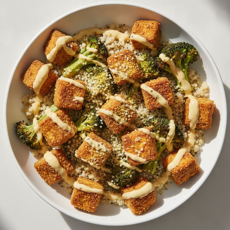 Crispy Tofu and Quinoa Power Bowl with Roasted Broccoli and Tahini Drizzle