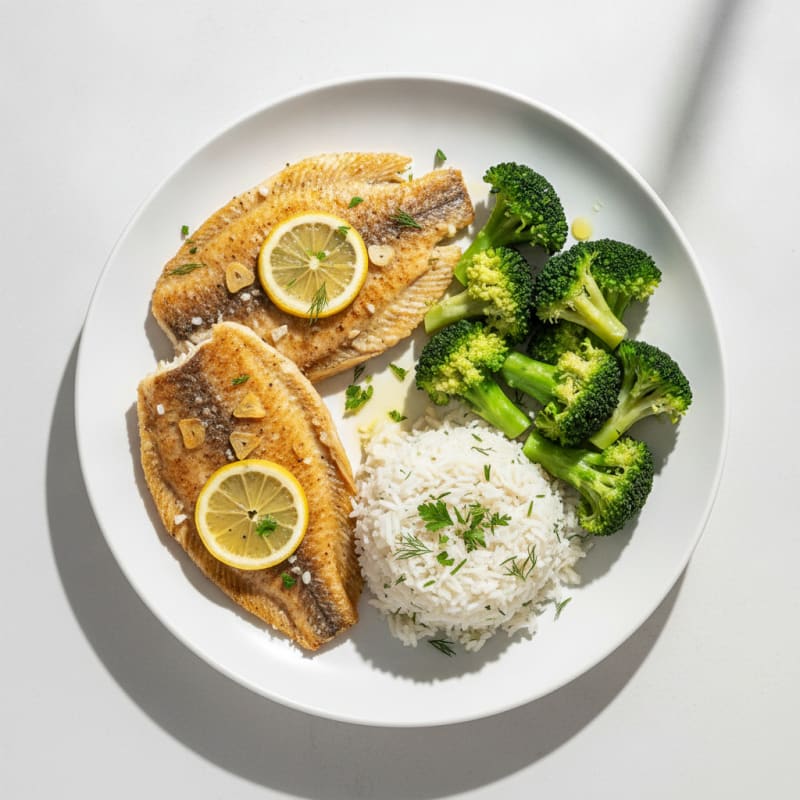 Pan-Roasted Tilapia with Steamed Broccoli and Herb Rice