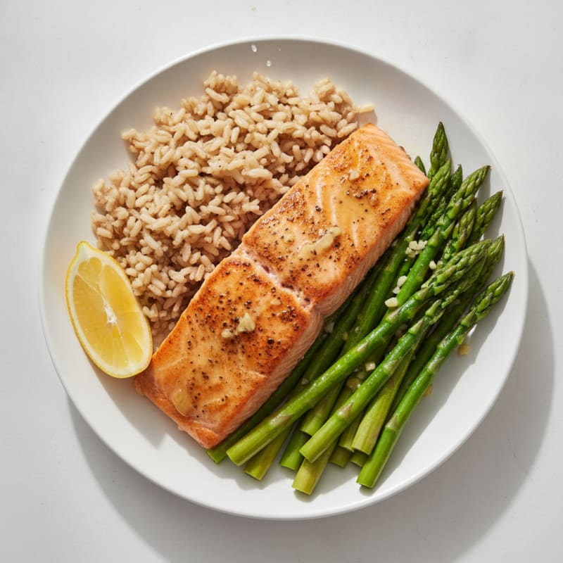 Seared Salmon with Steamed Asparagus and Brown Rice