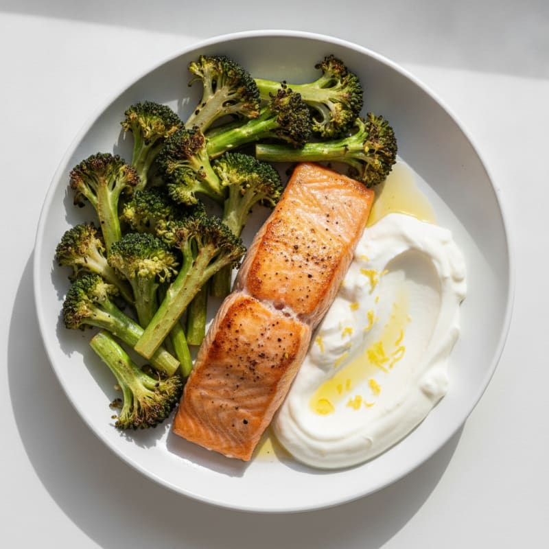 Seared Salmon with Roasted Broccoli and Lemon Yogurt Sauce