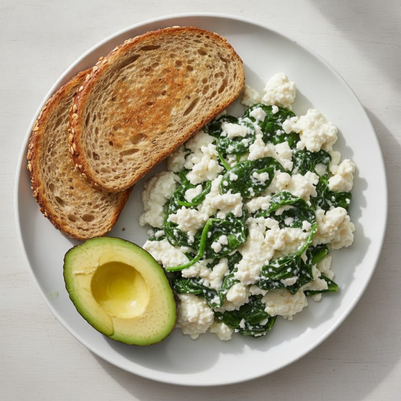 Egg White and Cottage Cheese Scramble with Sautéed Spinach