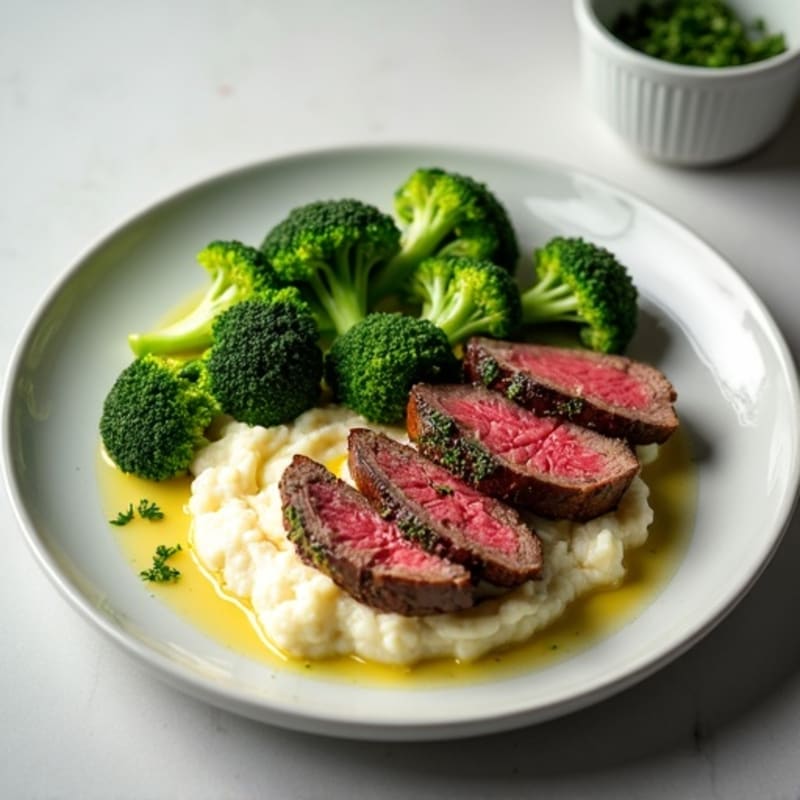 Seared Lean Beef with Steamed Broccoli and Cauliflower Mash