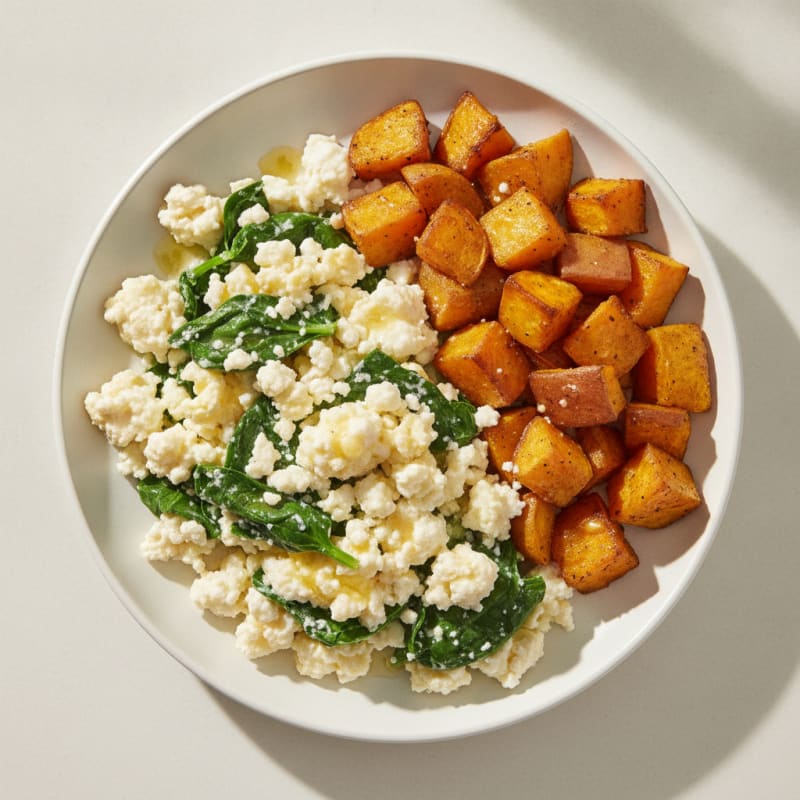 Cottage Cheese Scramble with Spinach and Roasted Sweet Potato