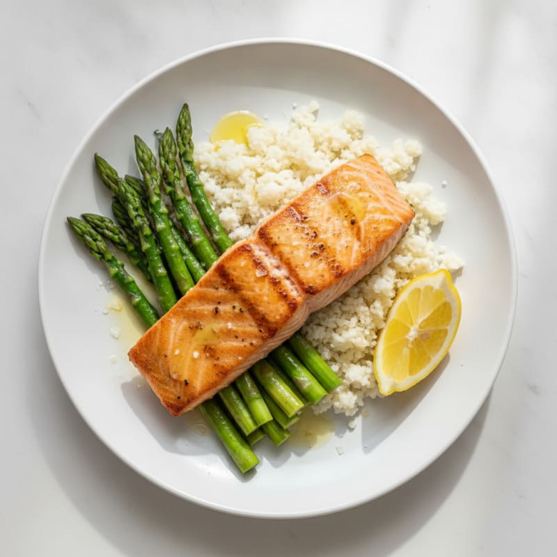 Seared Salmon with Cauliflower Rice and Steamed Asparagus
