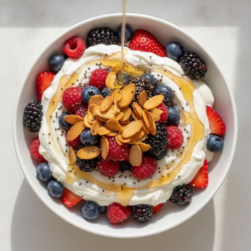 Greek Yogurt Protein Parfait with Mixed Berries and Almonds
