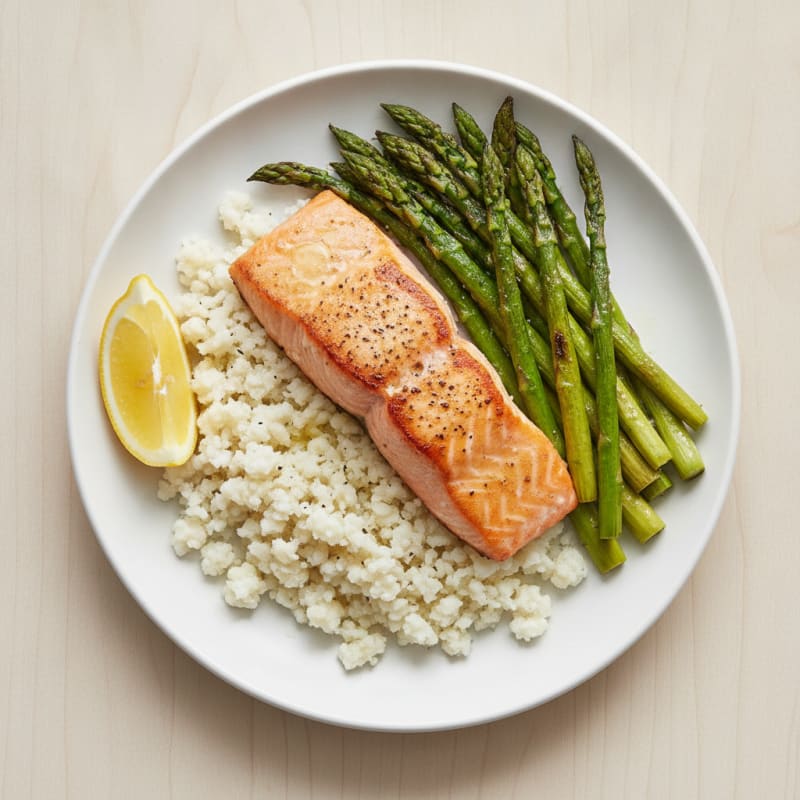 Seared Salmon Fillet with Roasted Asparagus and Cauliflower Rice