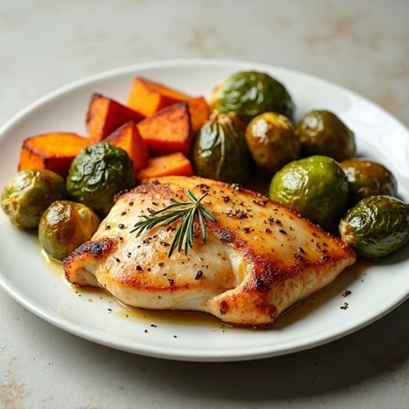 Herb-Roasted Chicken with Crispy Brussels Sprouts and Roasted Sweet Potatoes