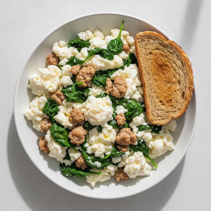 Egg White Scramble with Turkey Sausage and Sautéed Spinach