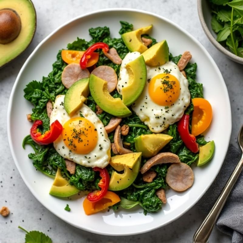Egg White Spinach Scramble with Turkey and Sautéed Peppers