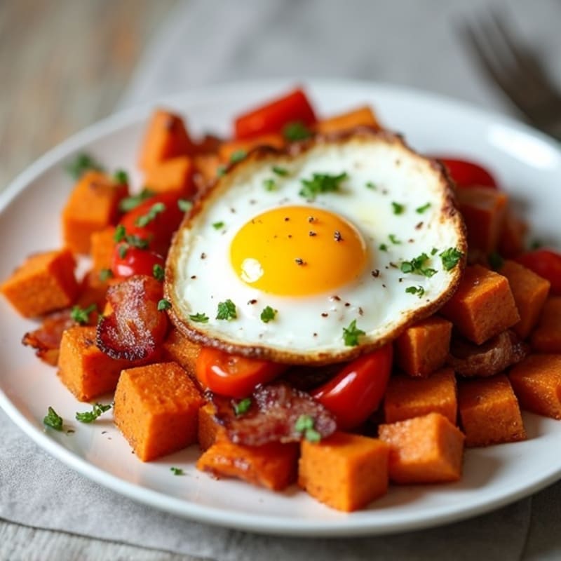 Crispy Sweet Potato Hash with Bacon and Eggs