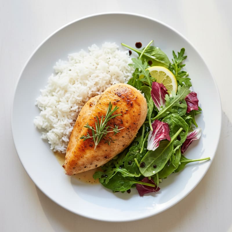 Roasted Herb Chicken Breast with Steamed Rice and Mixed Greens