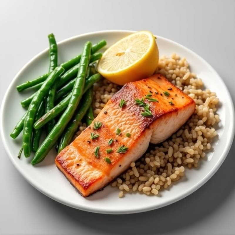 Seared Salmon with Steamed Green Beans and Brown Rice
