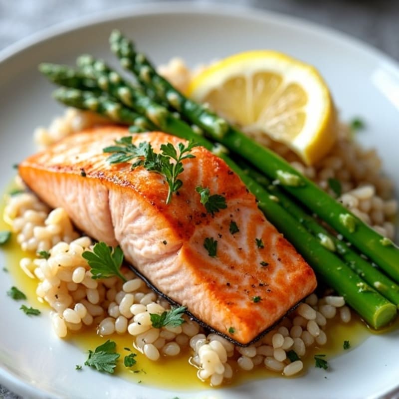 Seared Salmon Fillet with Steamed Asparagus and Lemon Herb Rice