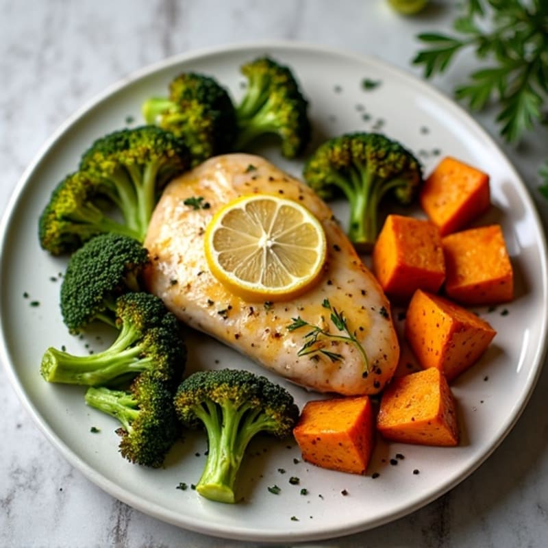 Sheet Pan Lemon Herb Chicken with Crispy Roasted Broccoli and Sweet Potatoes