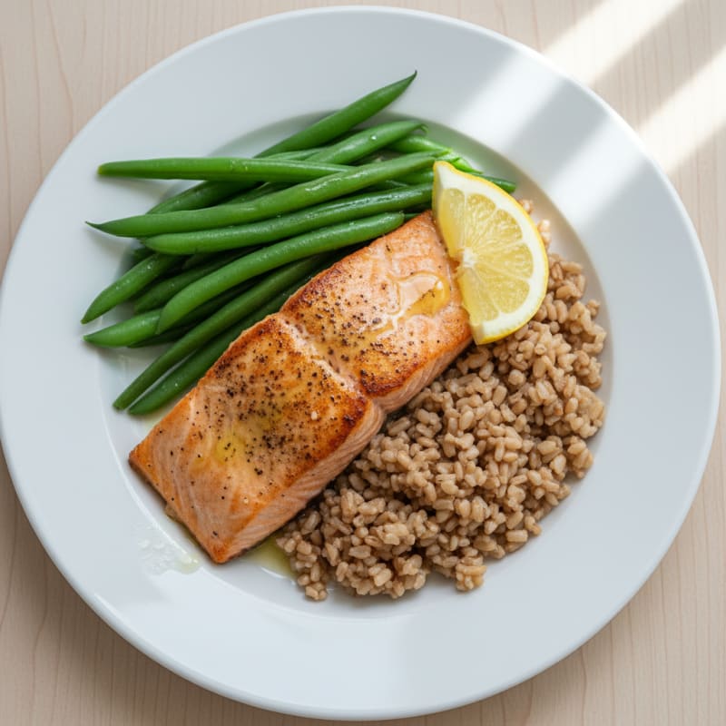Pan-Seared Salmon with Steamed Green Beans and Brown Rice