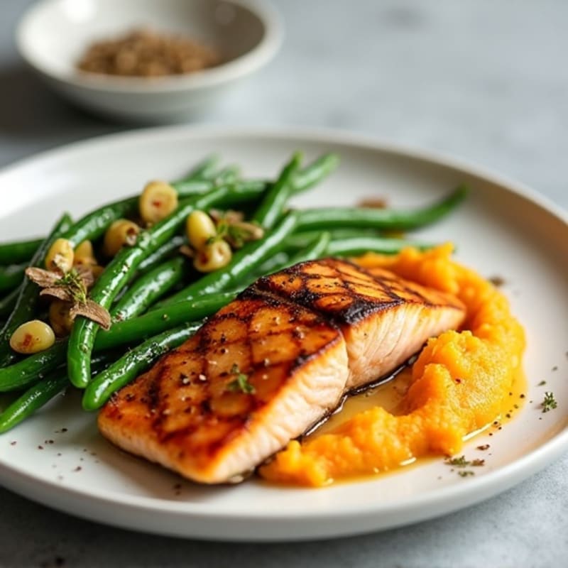 Seared Salmon Fillet with Garlic Green Beans and Sweet Potato Mash