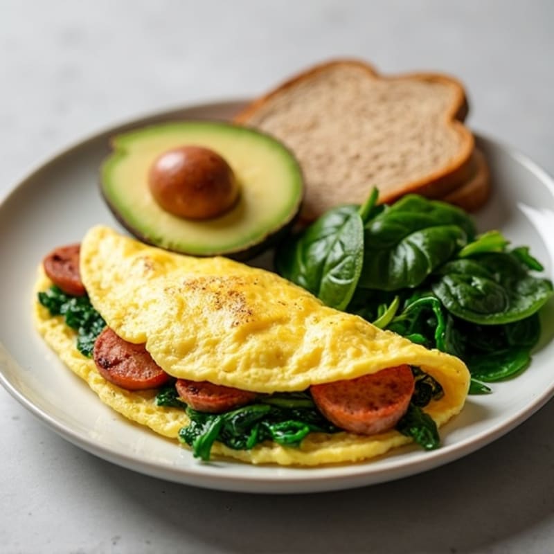 Egg White Omelette with Turkey Sausage and Sautéed Spinach