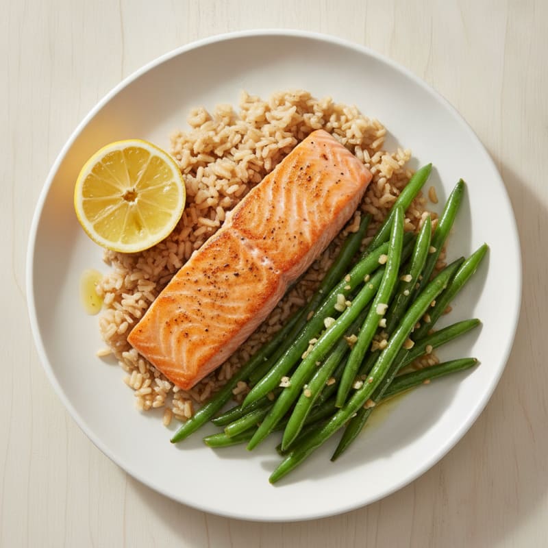 Seared Salmon Fillet with Garlic Green Beans and Brown Rice