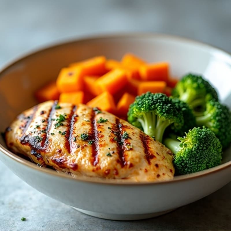 Grilled Chicken Bowl with Roasted Sweet Potatoes and Steamed Broccoli