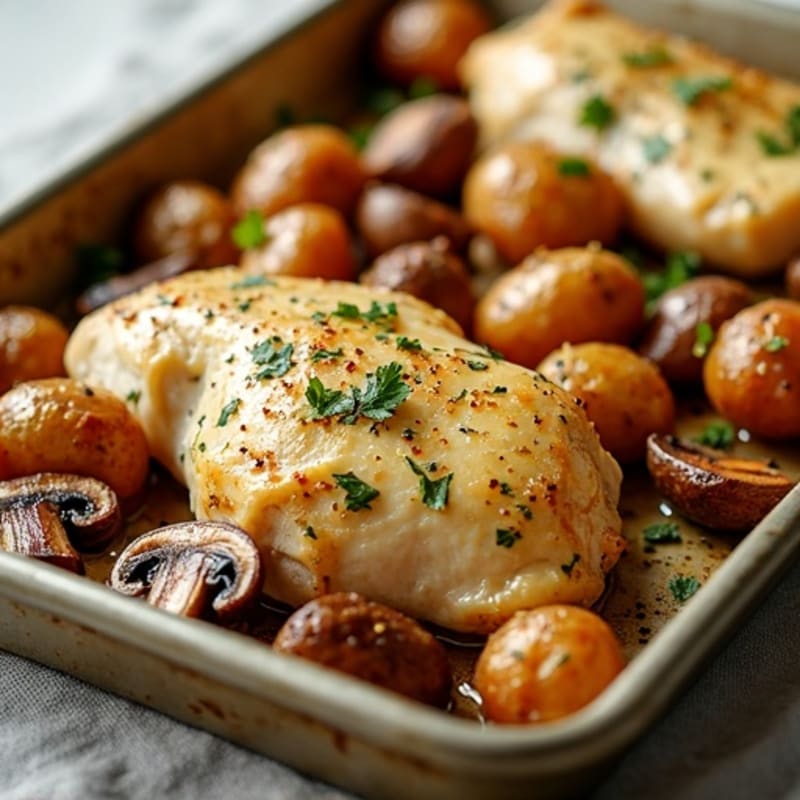 Sheet Pan Roasted Garlic Butter Chicken and Mushrooms with Crispy Potatoes