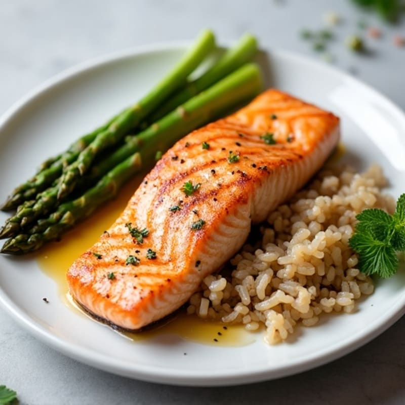 Seared Salmon with Steamed Asparagus and Brown Rice