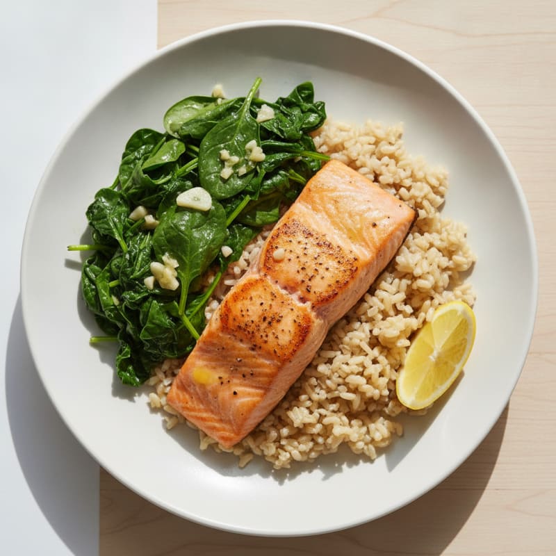 Seared Salmon with Garlic Sautéed Spinach and Brown Rice