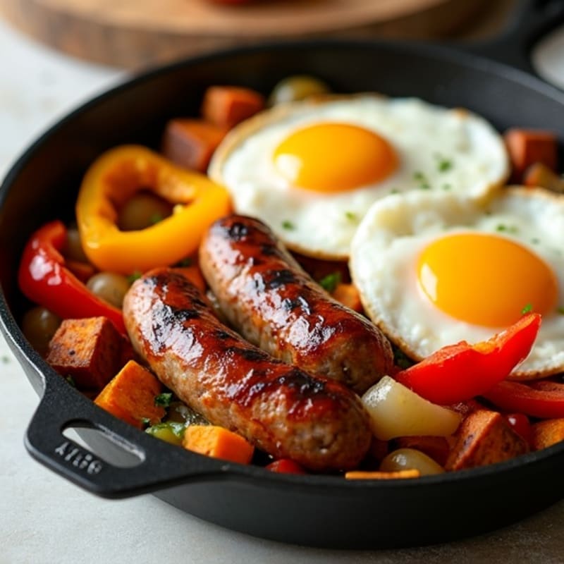 Crispy Sweet Potato and Chicken Sausage Skillet with Baked Eggs