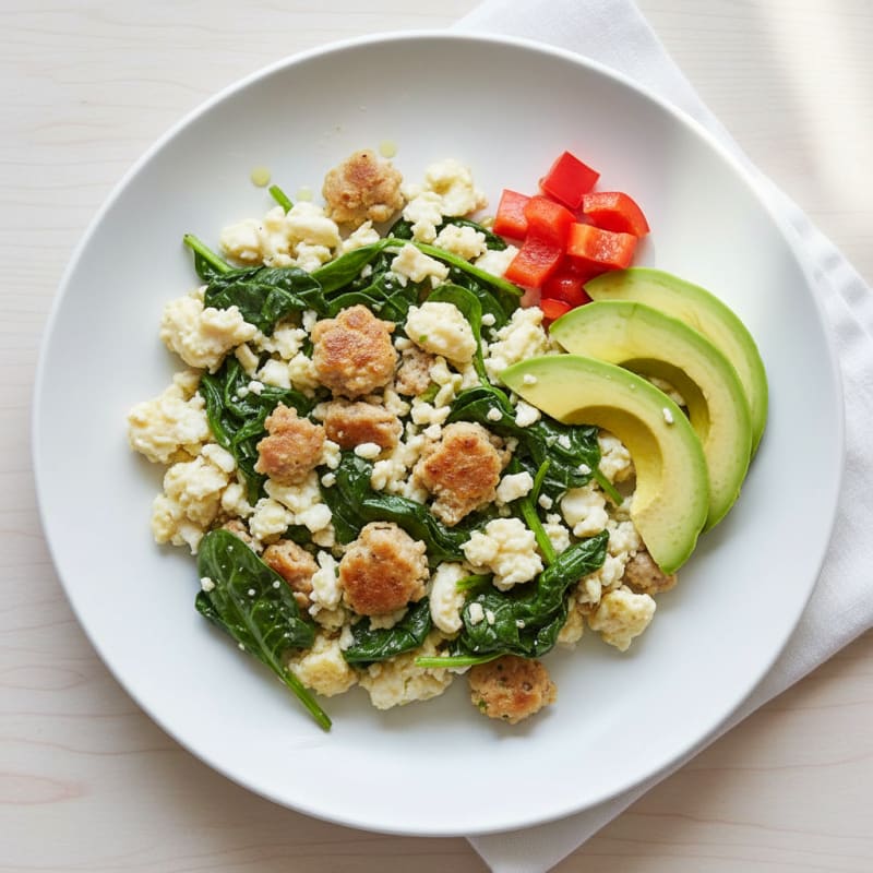 Egg White and Turkey Sausage Scramble with Sautéed Spinach