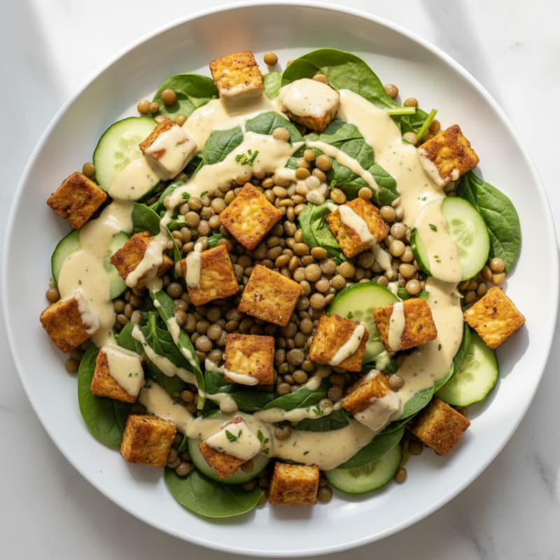 Crispy Tempeh and Lentil Power Salad with Tahini Dressing