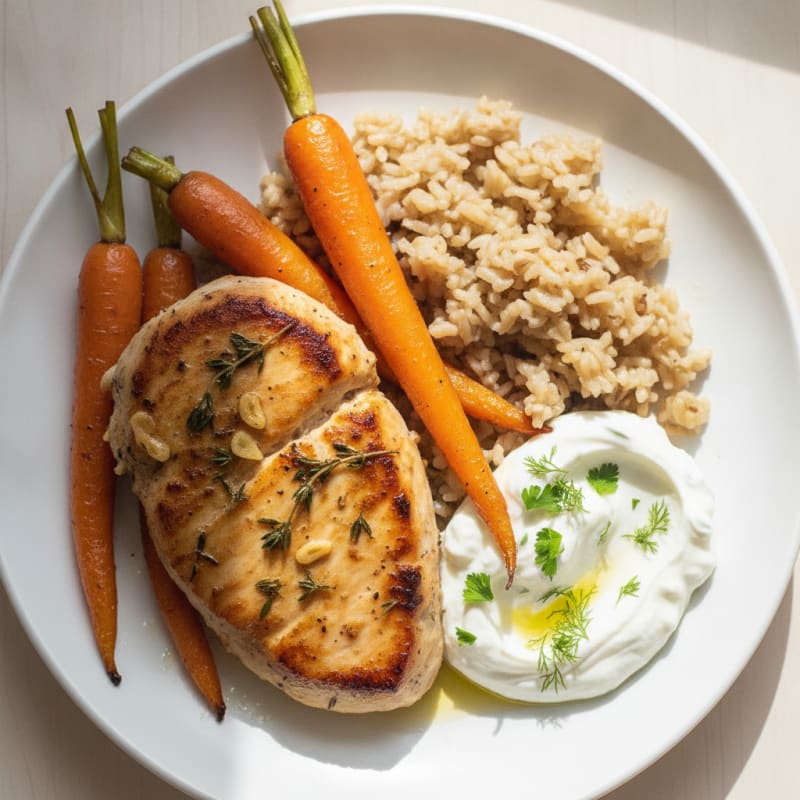 Seared Turkey Breast with Roasted Carrots and Brown Rice