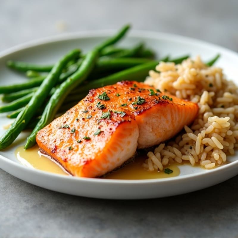 Seared Salmon with Garlic Green Beans and Brown Rice