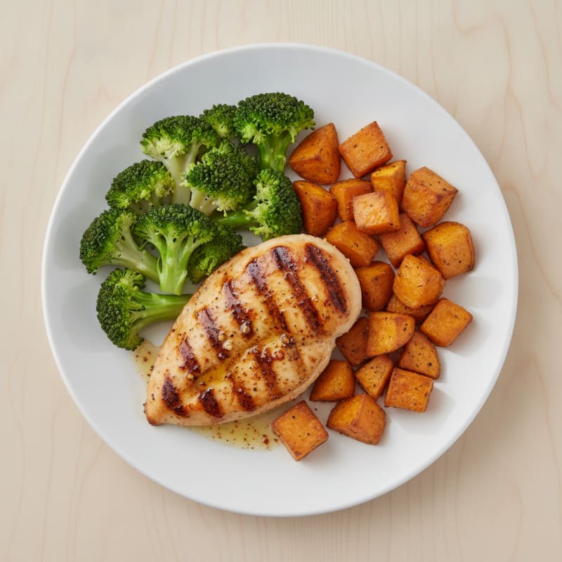Grilled Chicken Breast with Roasted Sweet Potatoes and Steamed Broccoli