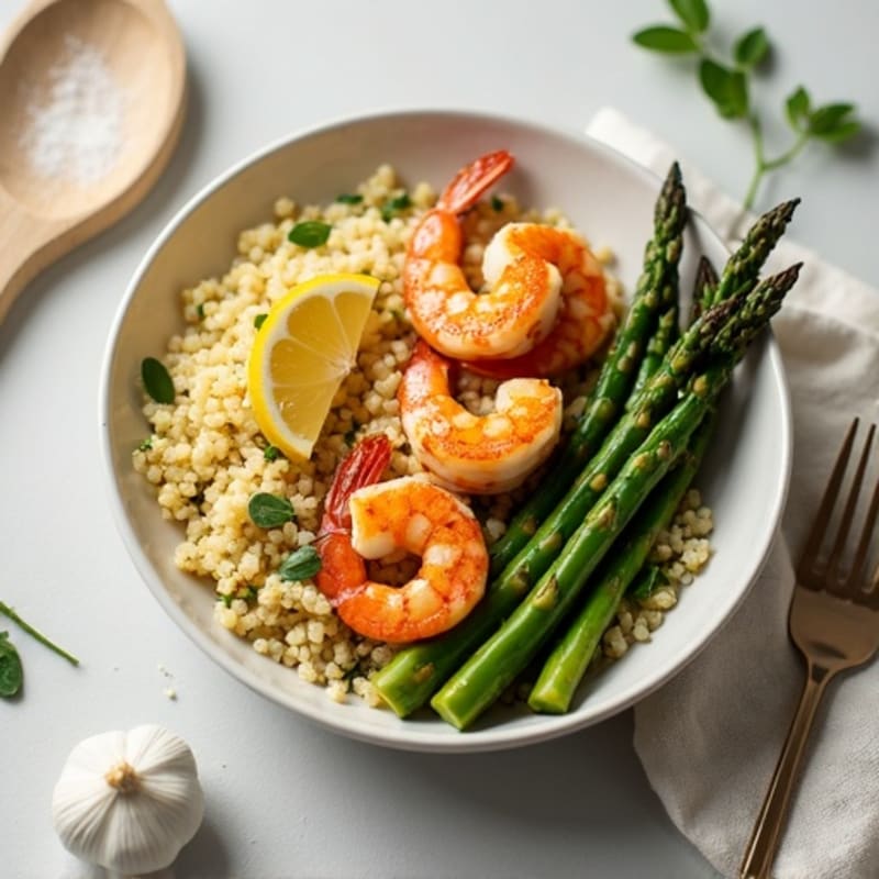 Pan-Seared Garlic Shrimp with Fluffy Lemon Herb Quinoa and Crispy Roasted Asparagus