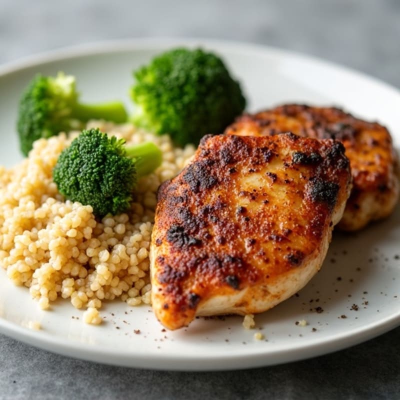 Seared Chicken Thighs with Steamed Broccoli and Quinoa