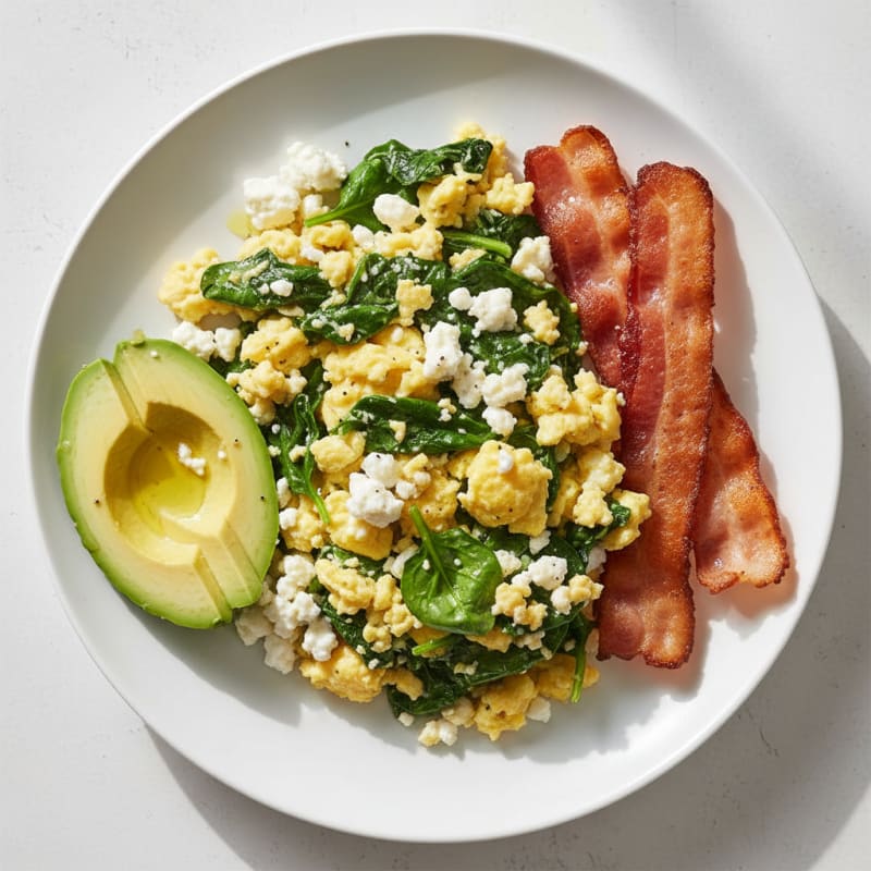 Cottage Cheese Egg Scramble with Spinach and Turkey Bacon